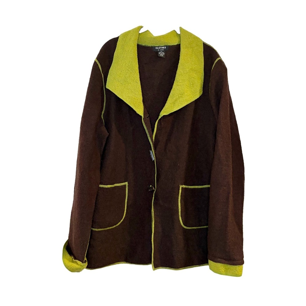 Clothes‎ by Revue Sweater Jacket XL Brown Green Knit Blazer 100% Wool Toggle